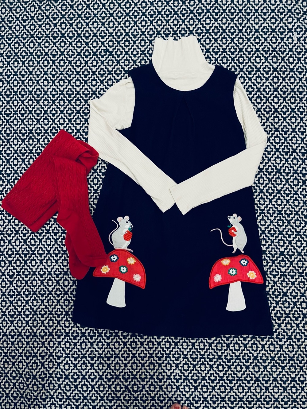 Mini Boden Girls Navy MouseMushroom Appliqué Jumper Ivory Turtleneck & Red Tight